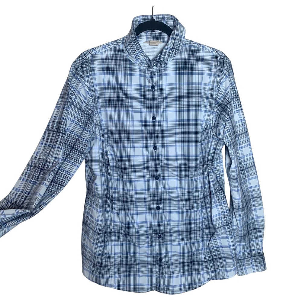 Duluth Trading Co‎ Plaid Button Down Womens Large Blue Vented Back Flap